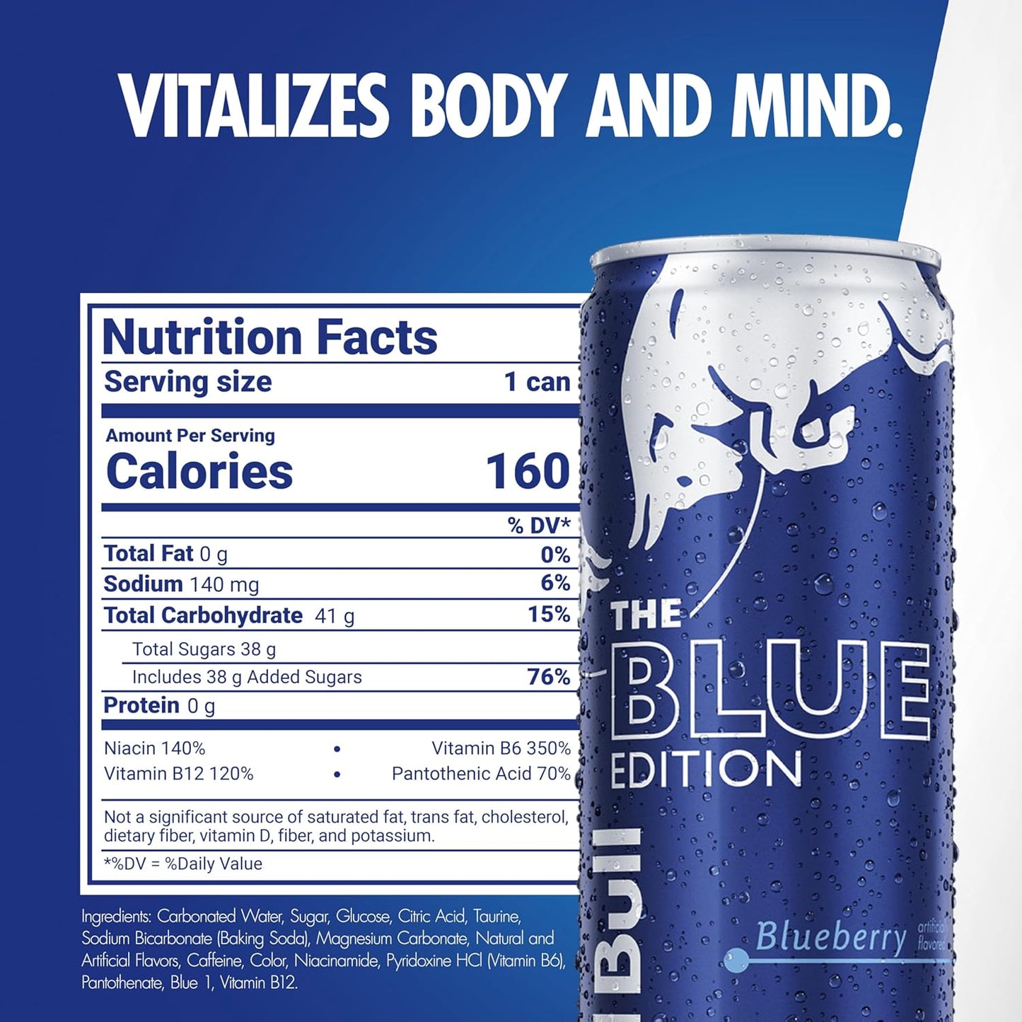 Red Bull Blue Edition Energy Drink, Blueberry, with 114mg Caffeine plus Taurine & B Vitamins, 12 Fl Oz, Pack of 24 Cans