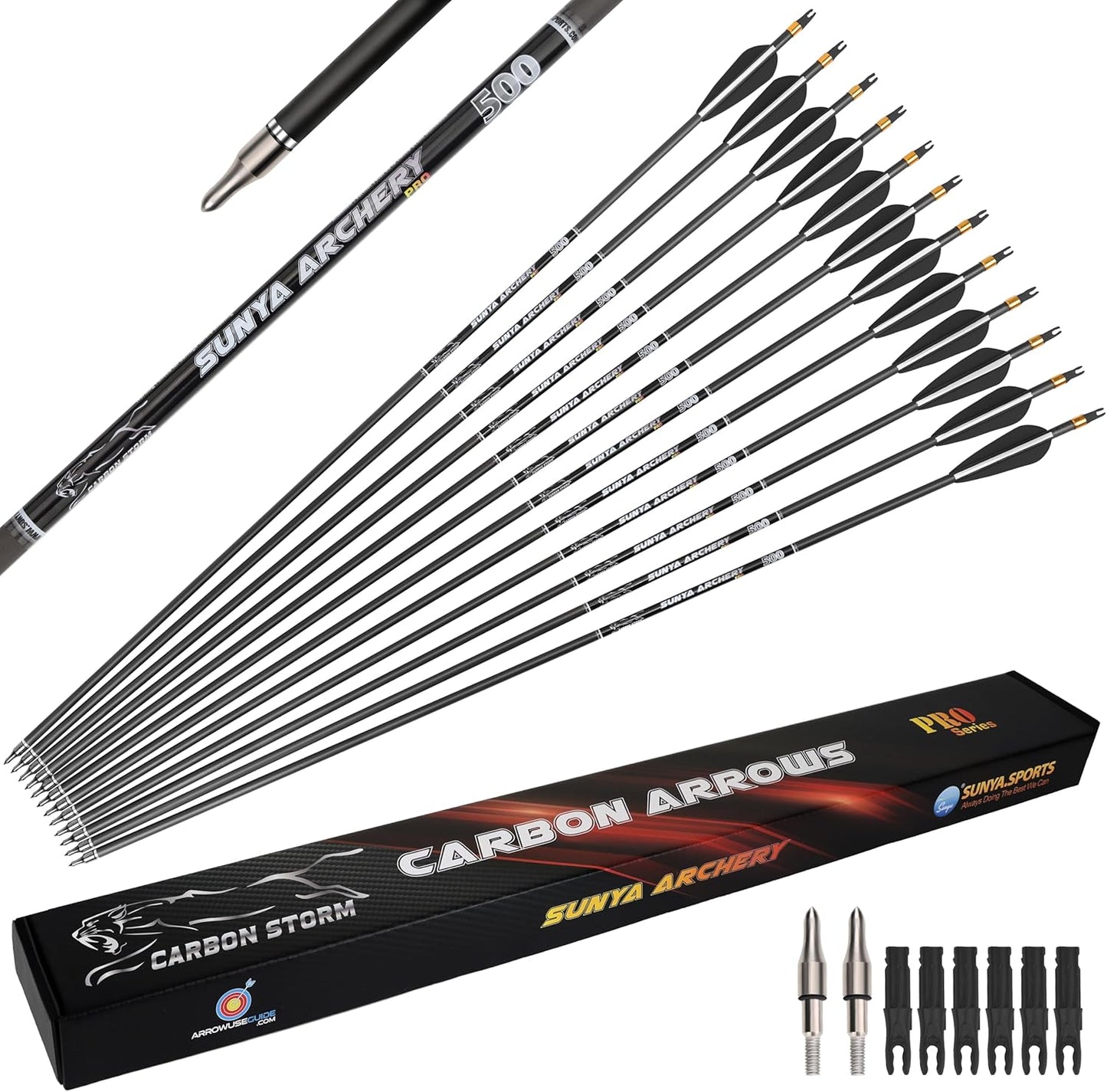SUNYA 12-Pack 30 Inch Carbon Arrows Spine 500 or 400 for 40-60 LBS Bows｜Switch to Recurve/Compound Modes, Anti-Loose O-Ring & TPU Vanes for Hunting/Target Practice