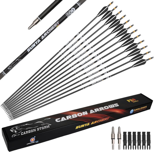 SUNYA 12-Pack 30 Inch Carbon Arrows Spine 500 or 400 for 40-60 LBS Bows｜Switch to Recurve/Compound Modes, Anti-Loose O-Ring & TPU Vanes for Hunting/Target Practice