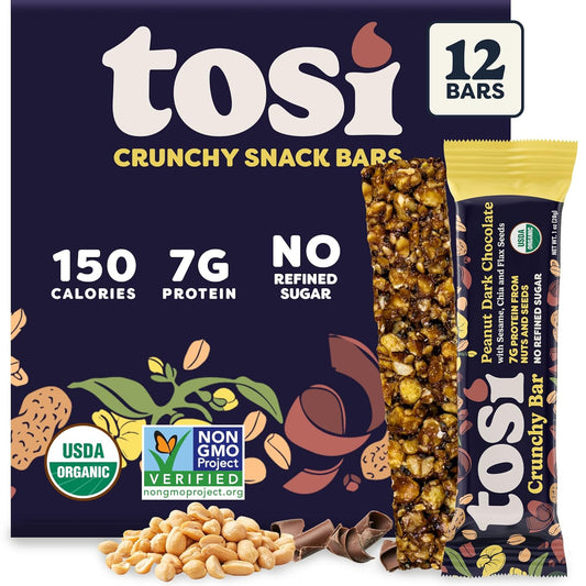 Tosi Peanut Dark Chocolate Protein Bars (8G) - Plant Based Healthy Snacks, Gluten-Free Crunchy Snacks, Vegan & Organic, Flax & Chia Seeds, Soy-Free, Omega 3s, 1 oz, 12-Pack