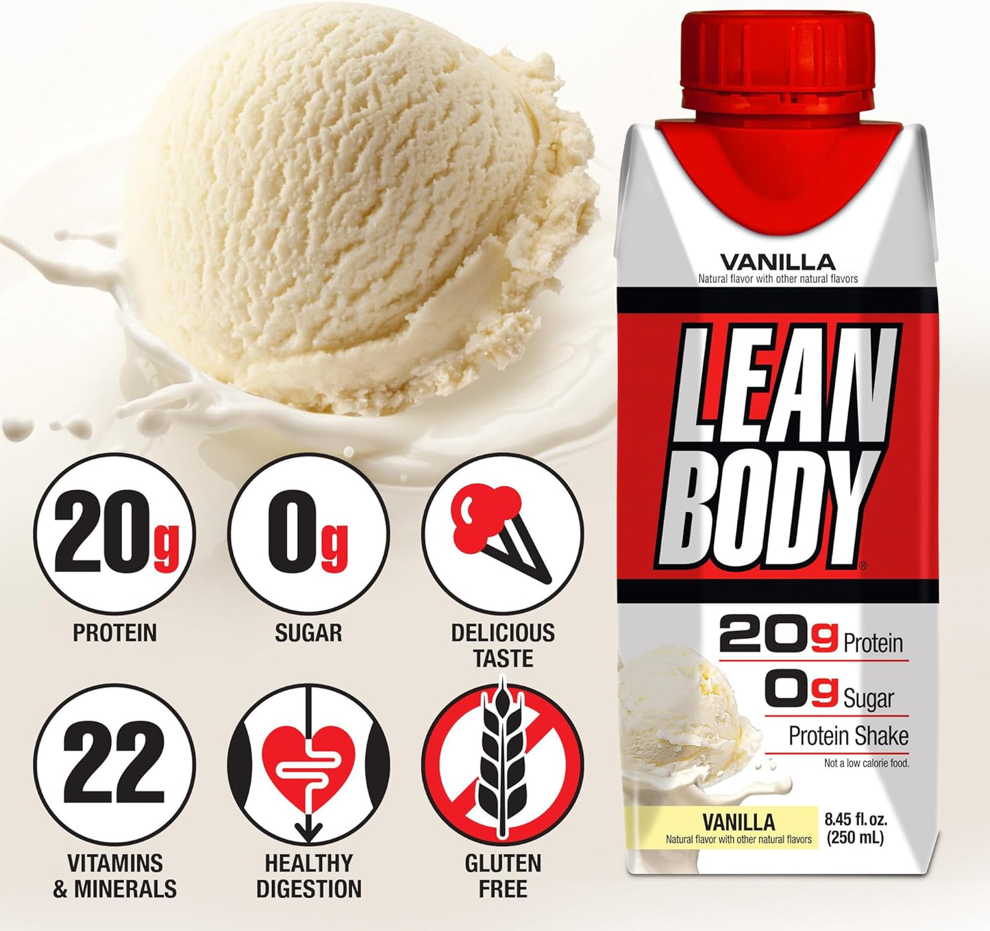LABRADA Nutrition - Lean Body RTD Whey Protein Shake, Convenient On-The-Go Meal Replacement Shake for Men & Women, 20 Grams of Protein – Zero Sugar, Lactose & Gluten Free, Vanilla (Pack of 16)