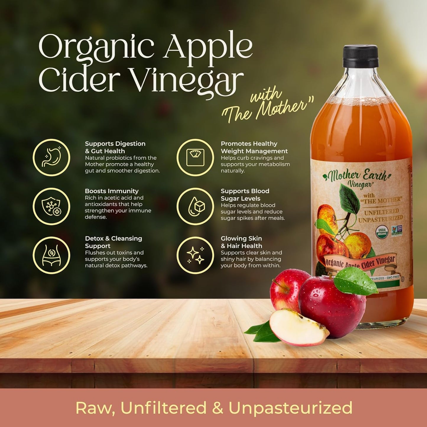 Mother Earth, Organic Apple Cider Vinegar with The Mother, Fresh Pressed Organic Apples, OACV, ACV, Raw, Unpasteurized, Unfiltered (1/32oz Glass Bottle)