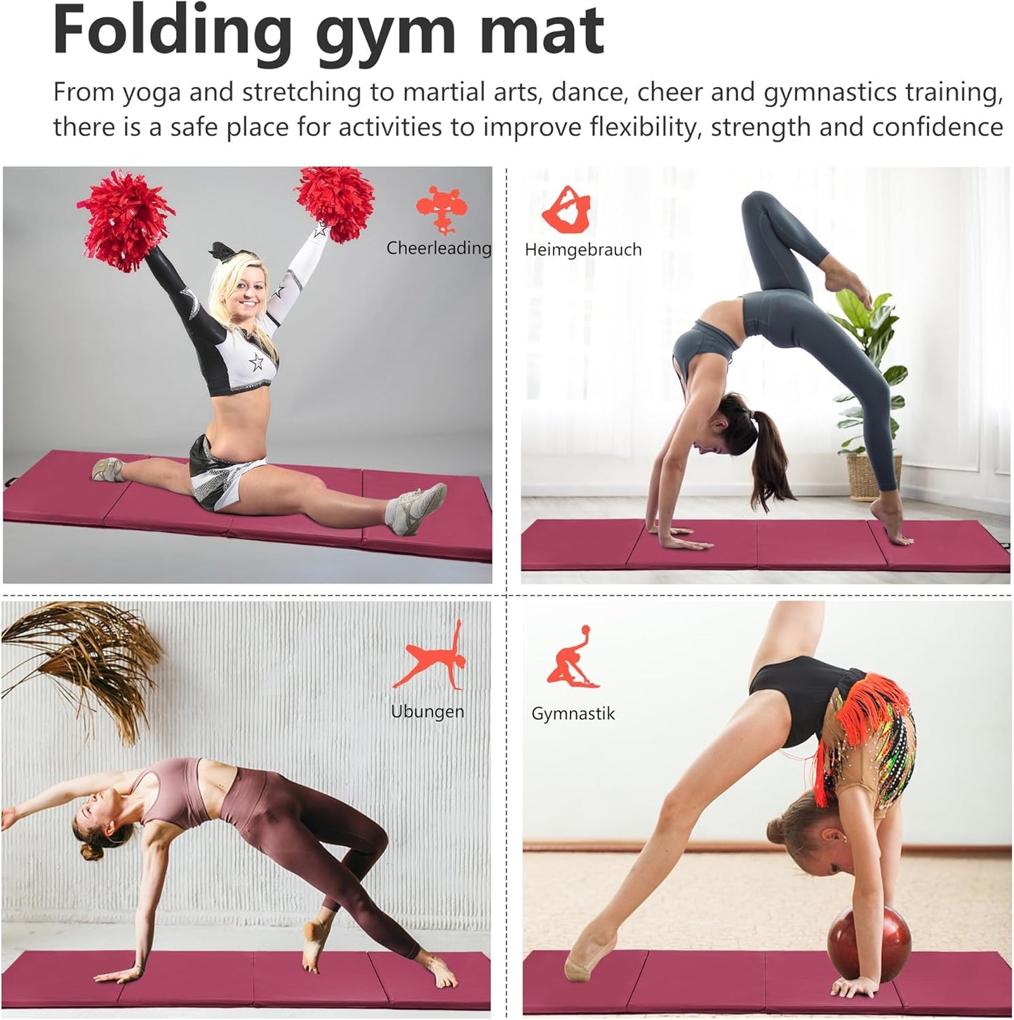 Gymnastics Tumbling Mats Portable Gymnastics Mat Foldable Tumbling Mat 2'x6'/4'x8' PU Leather Exercise Mat Yoga Mat with Carrying Handles for home Workout outdoor Yoga Gymnastics