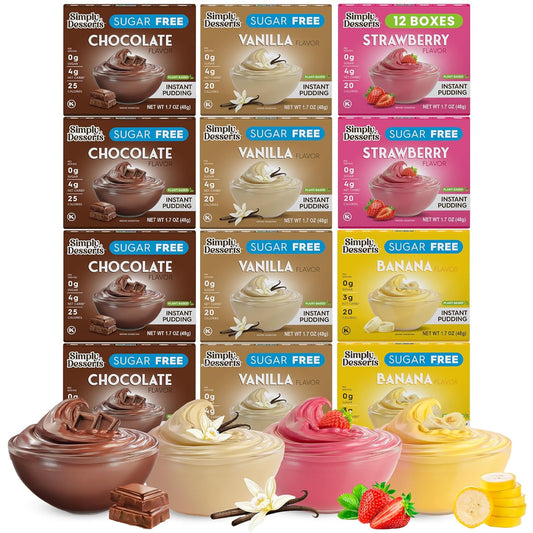 Simply Desserts Vanilla, Strawberry, Banana & Chocolate Instant Pudding, Sugar-Free, Variety 12-Pack – Gluten-Free Dessert, Keto Snacks, Diabetic Friendly & Kosher, 1.7 Oz Ea