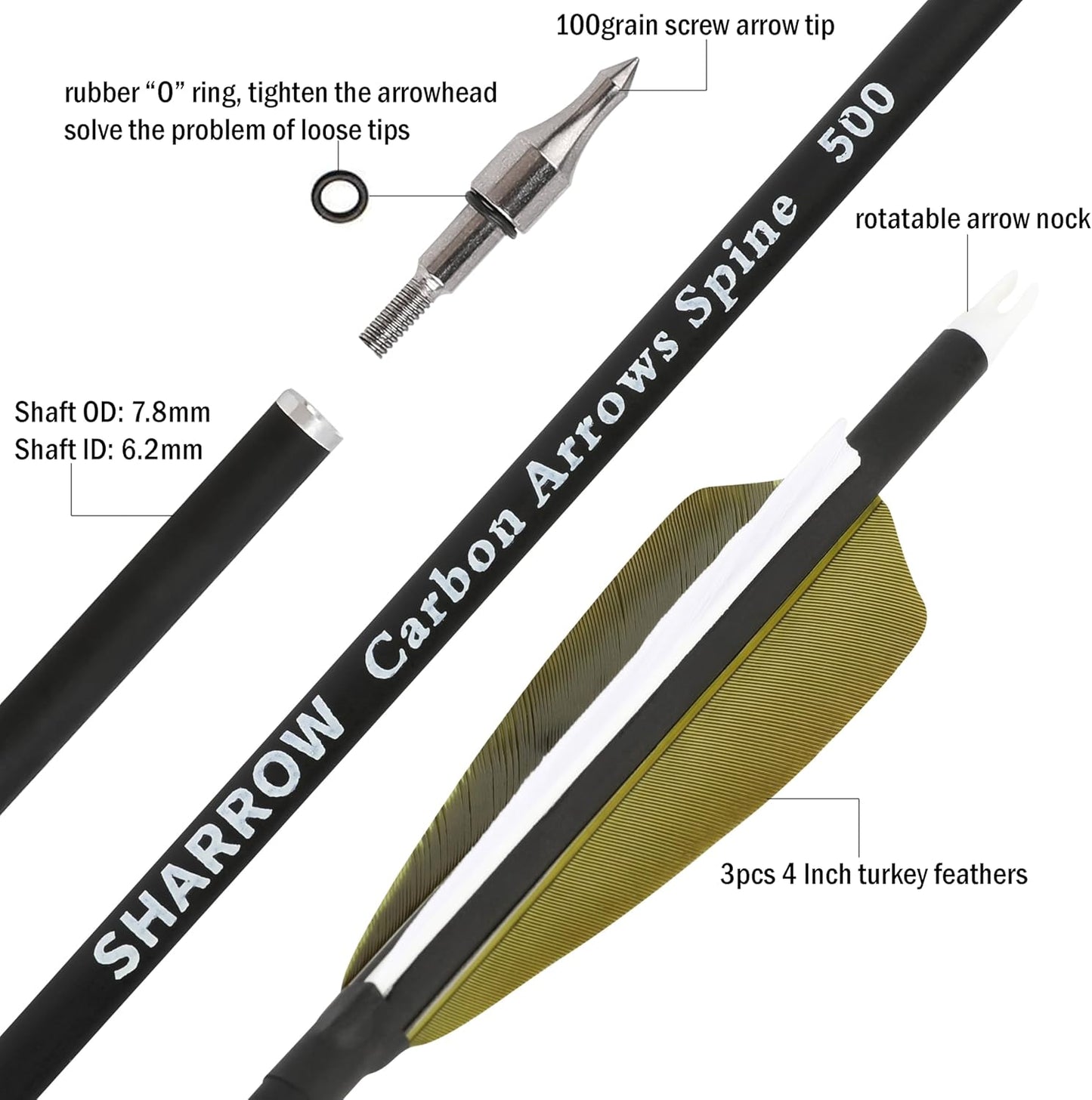 ZSHJGJR 30 Inch Archery Carbon Arrows Hunting Arrows with 4” Turkey Feather Target Practice Arrows Spine 500 for Compound & Recurve &Traditional Bow 6/12pcs