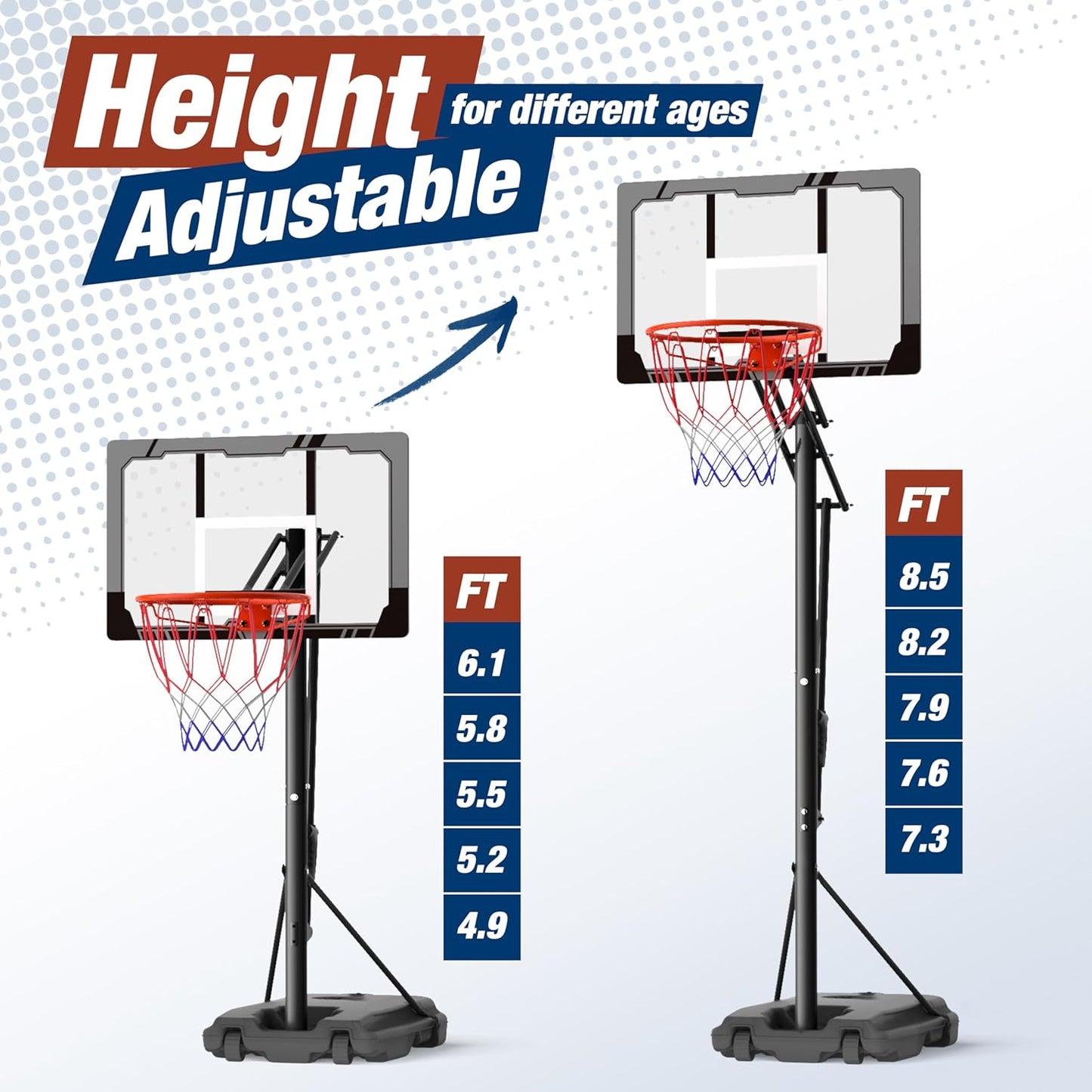 Basketball Hoop Outdoor with 45 Inch Shatterproof Backboard, Portable Basketball Goal System 4.8-10ft Height Adjustable for Kids, Youth, Adults, Backyard/Driveway/Indoor