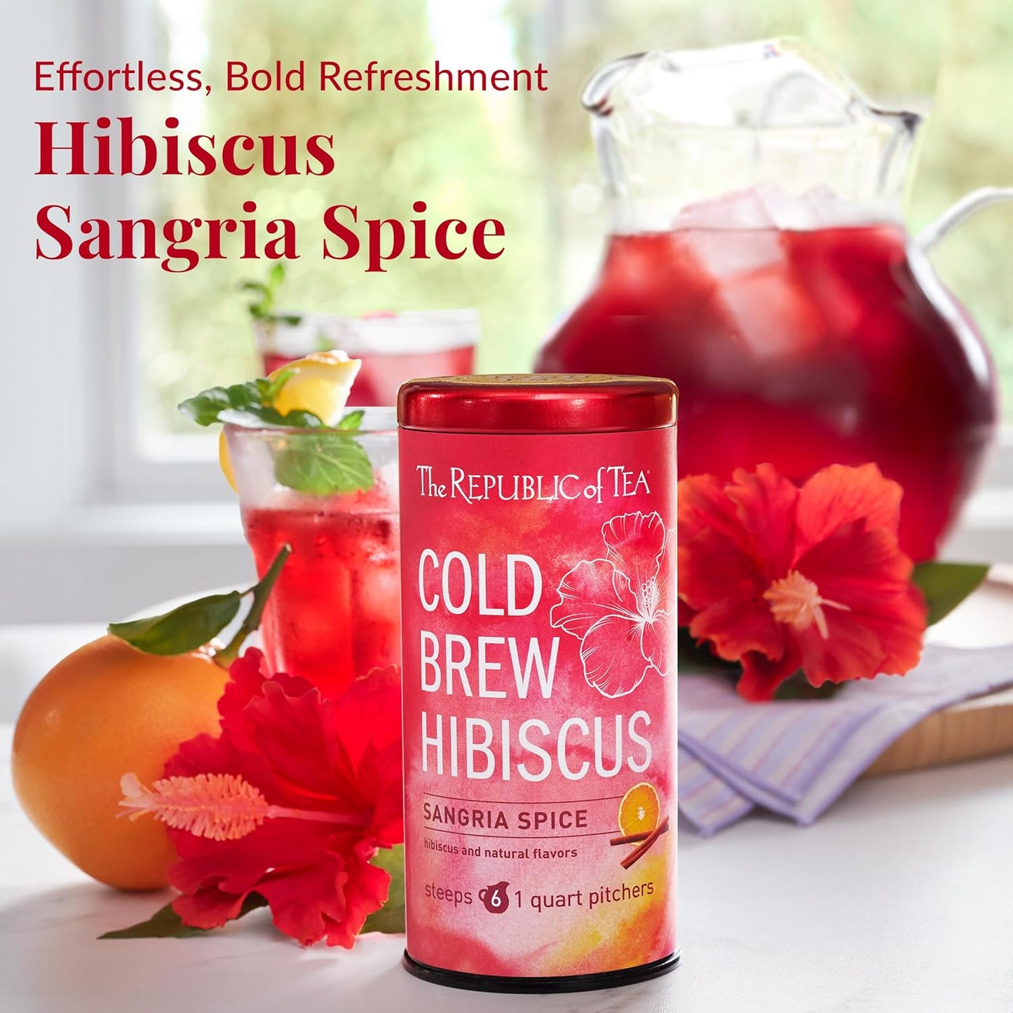 The Republic of Tea – Cold Brew Hibiscus Sangria Spice Iced Tea, Large Herbal Iced Tea Pouches, Steeps Six One-Quart Pitchers