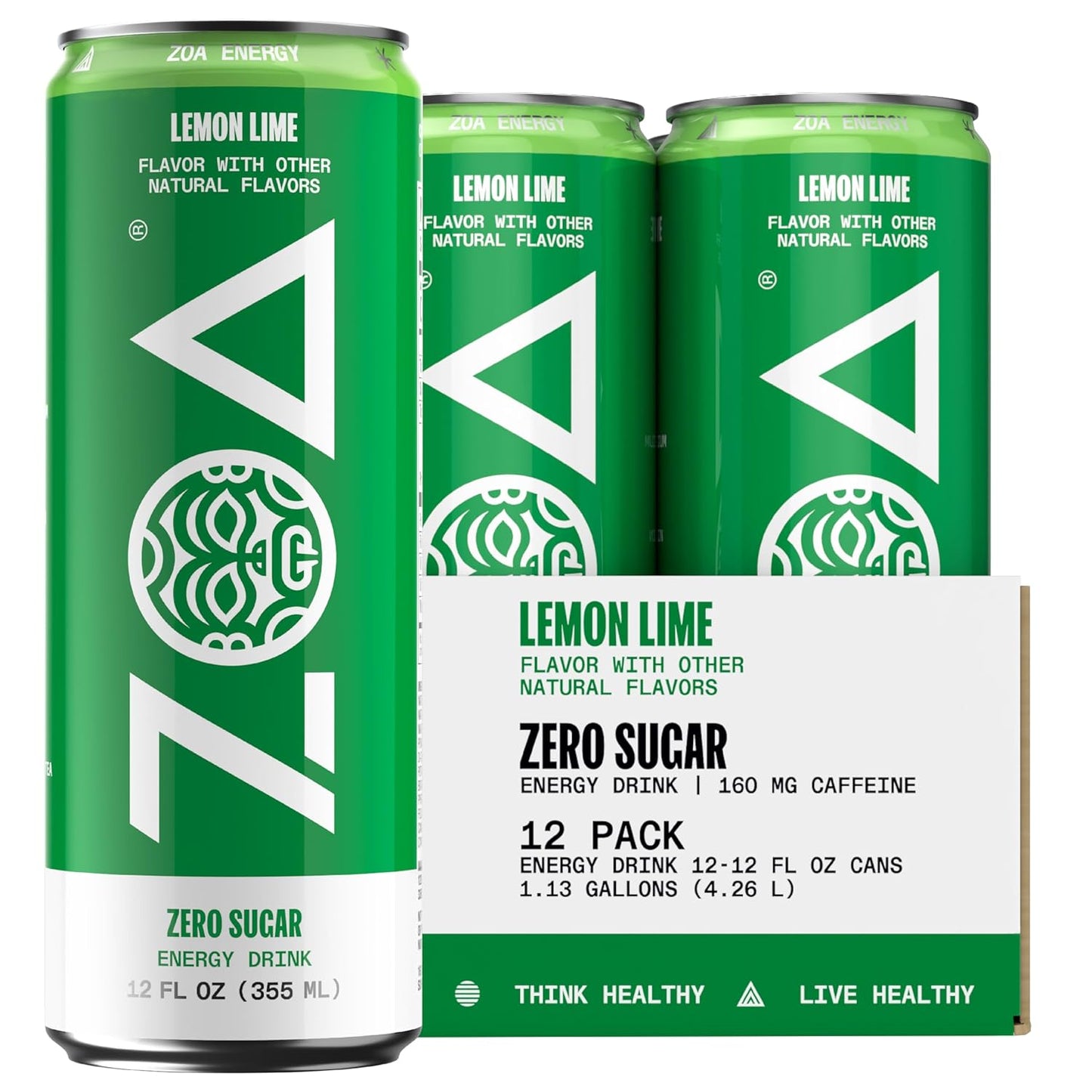 ZOA Energy Sugar Free Energy Drinks With Electrolytes For Hydration, Lemon Lime - 12 Fl Oz (12-Pack)