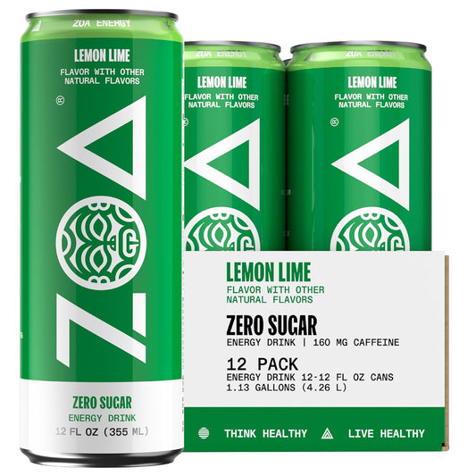 ZOA Energy Sugar Free Energy Drinks With Electrolytes For Hydration, Lemon Lime - 12 Fl Oz (12-Pack)