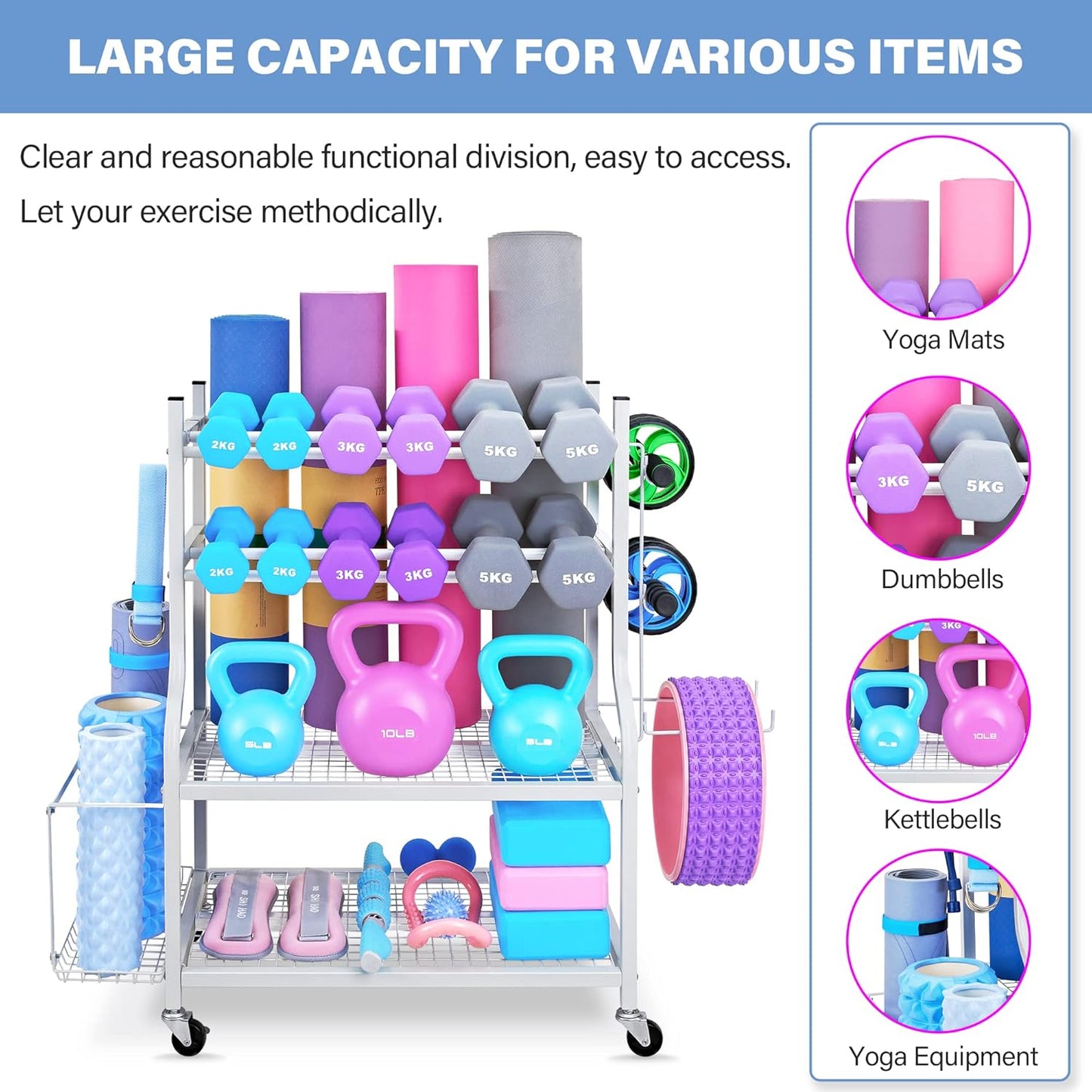 Dumbbell Rack, Yoga Mat Storage Rack - Weight Rack for Dumbbells, Home Gym Storage Rack for Yoga Mat, Dumbbells and Kettlebells, All in One Workout Equipment Storage with Caster Wheels