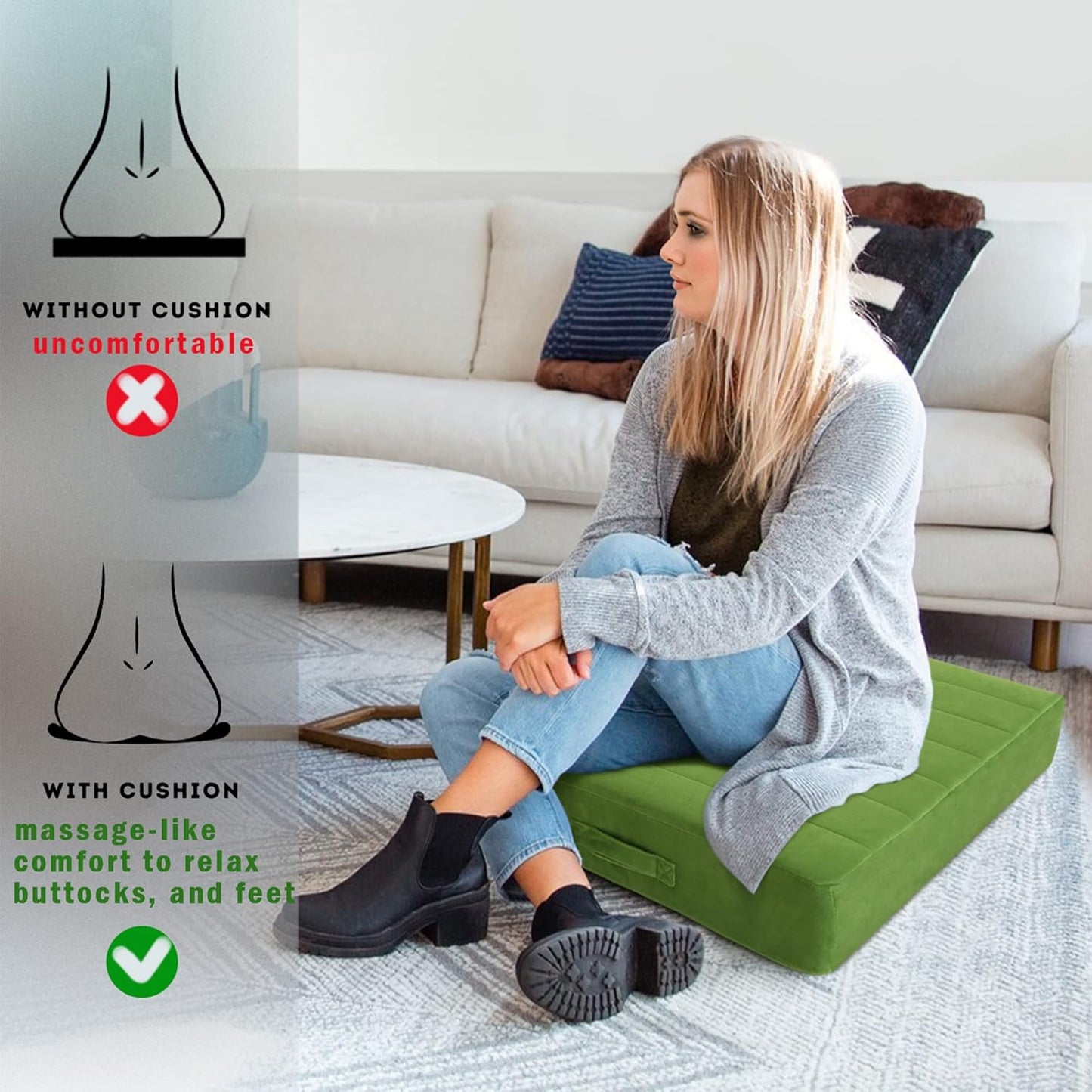 MeMoreCool Square Floor Pillow Seating for Adults Kids, Large Meditation Cushion Floor Pillow with Thick Foam & Soft Tufted Cover, Washable Big Pillow Seat Floor Cushion for Sitting Yoga 22" Green