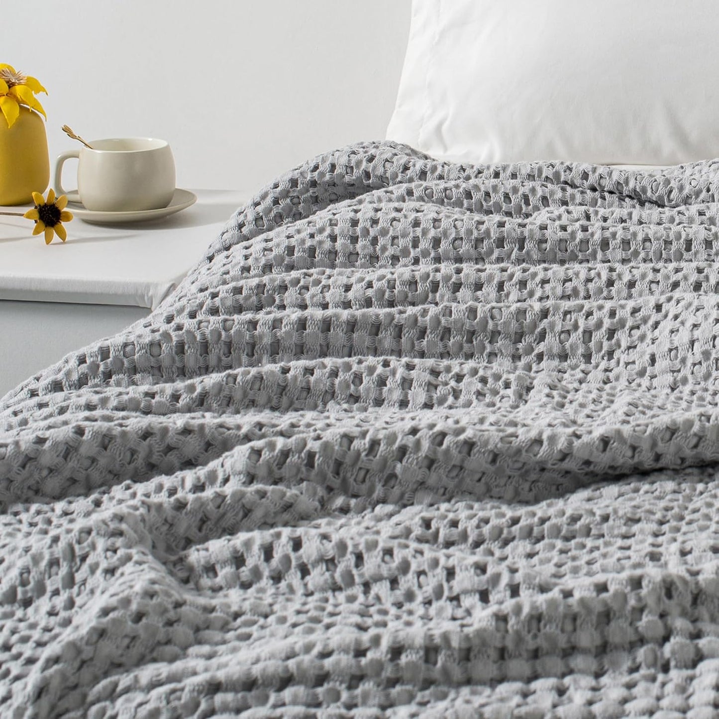 Carriediosa 100% Cotton Waffle Weave Blanket 400GSM Breathable Thermal Blankets for Bed Couch Sofa Soft and Cozy Throws for All Season Home Decor, 50"X 60" Light Grey