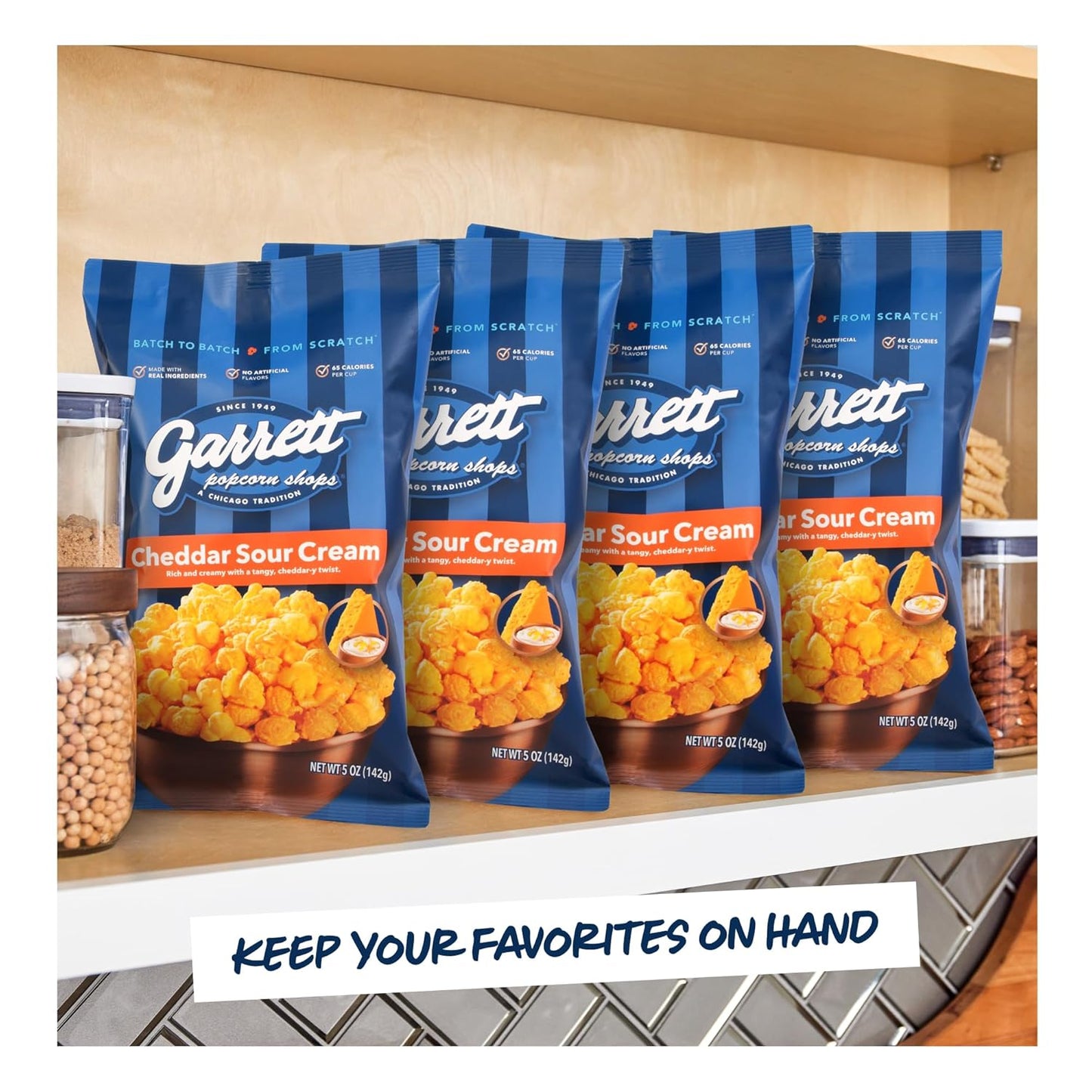 Garrett Popcorn Cheddar Sour Cream, 5.0oz, 4 Bags, Cheesy Popcorn, Gluten Free, Savory Snack, Popped Pop Corn Bags