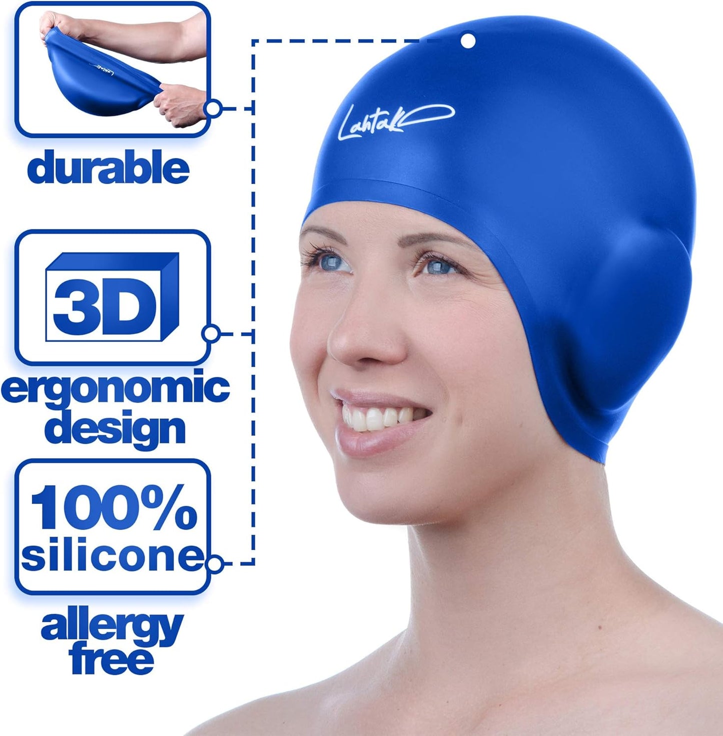 3D Swim Caps - Ear Protection Swimming Cap for Women & Men - Silicone, Waterproof - Fits Long & Short Hair - Adult & Youth