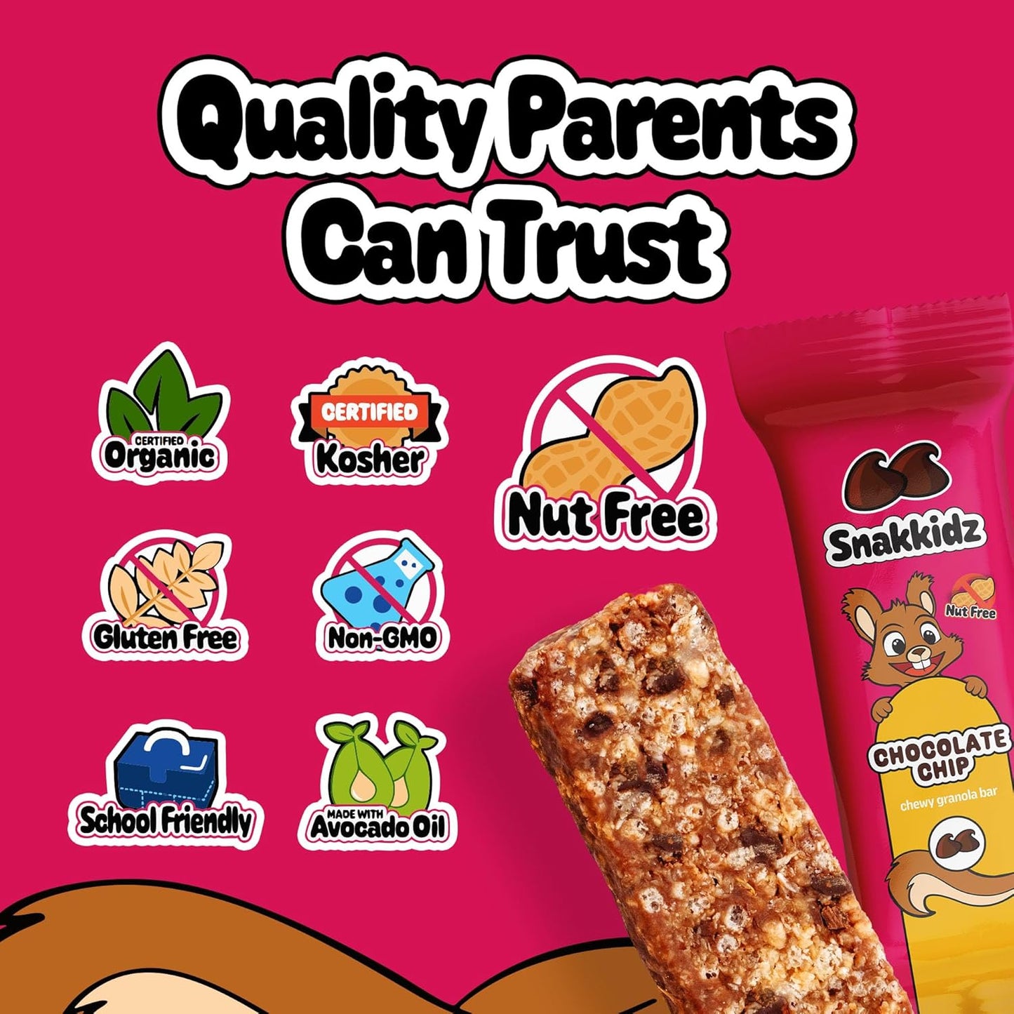 Snakkidz Organic Chewy Granola Bar, Allergen Free, Made with Avocado Oil, Low Sugar (15 Bars, Chocolate Chip)