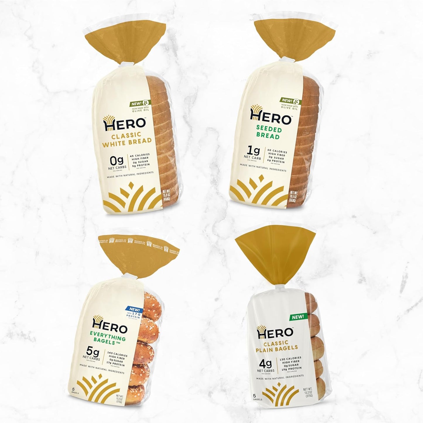 Hero Bread™ Toaster Treats Bundle - High Fiber, 0g Sugar Sliced Breads & Bagels (4 Count)