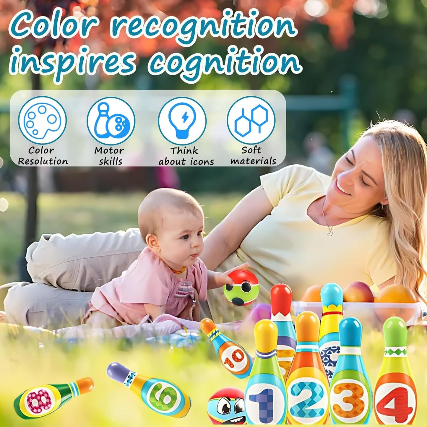 Kids Bowling Set Toy - 10PCS Soft Numbered Pins & 2 Foam Balls for Toddler Boys Girls Age 3-5, Indoor Outdoor Sports Game, Preschool Learning Toy, Birthday Gift for Ages 3 4 5 6