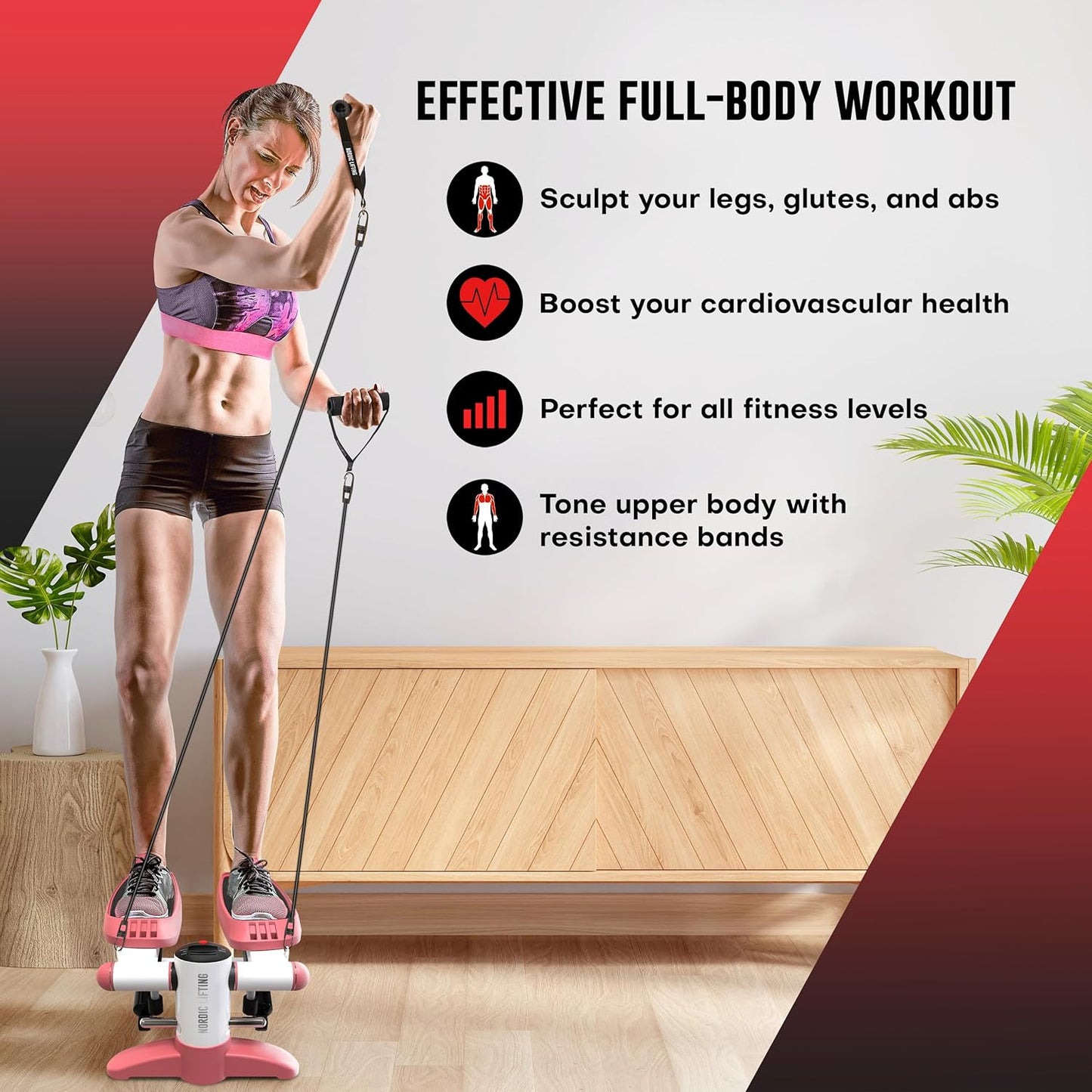 Nordic Lifting Mini Stepper Machine – Stair Climber w/Resistance Bands & LCD – Home Workout Stepper