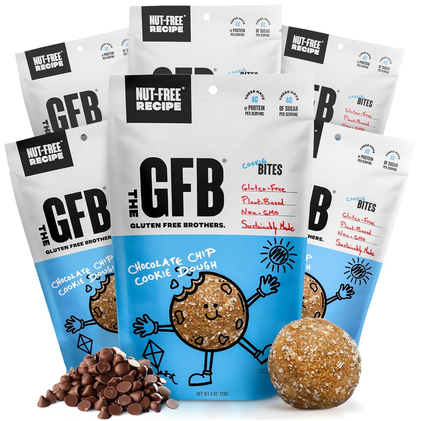 The Gluten Free Brothers Chocolate Chip Cookie Dough Nut Free Bites - Allergen Friendly, Gluten Free, Soy Free Protein Balls – Plant Based Vegan Non-GMO Snack Size Protein Energy Balls, 4 oz (6 Count)