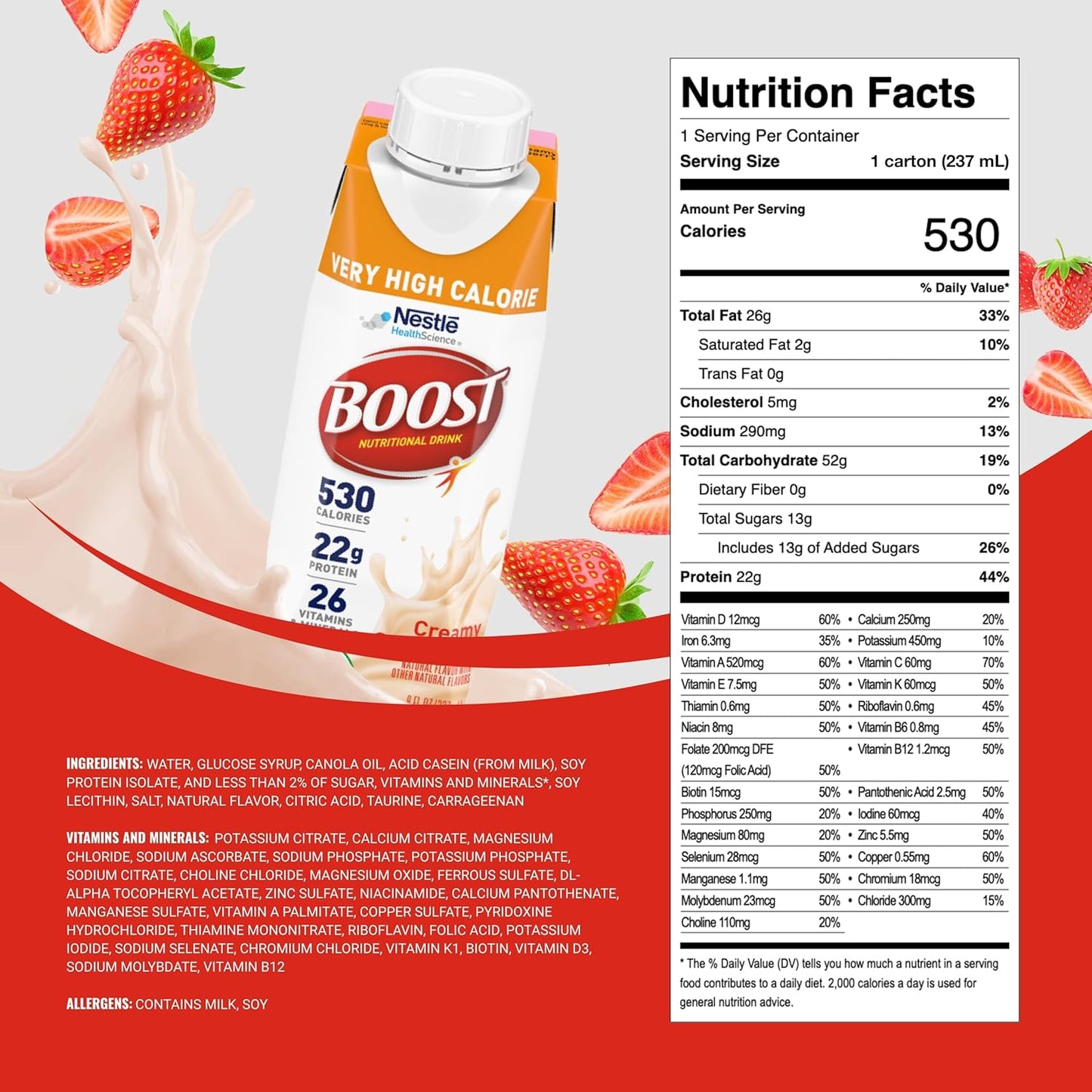Boost Very High Calorie Strawberry Nutritional Drink – 22g Protein, 530 Nutrient Rich Calories, 8 Fl Oz (Pack of 24)