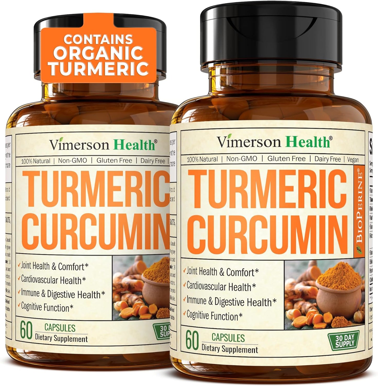 Turmeric Supplement - High Potency Turmeric Curcumin Supplement with 1200 mg Organic Tumeric and 95% Curcuminoids. Curcumin Supplements with Black Pepper for Immune & Joint Health. 60 Capsules 2 Pack
