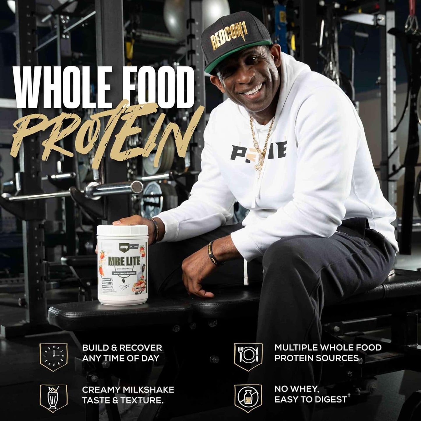 REDCON1 Whole Food Animal Protein Powder - Coach Prime MRE Lite Protein Powder - Low Carb with No Whey - 24g Protein - Prime Time Strawberry Cheesecake (20 Servings)