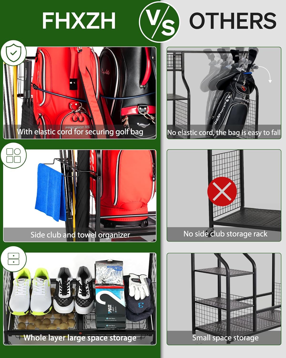 Golf Bag Storage Garage Organizer - Golf Bag Stand Fit for 2 Bag, Extra Clubs, Balls, Shoes, and Golf Equipment Accessories, Golf Storage Rack for Garage, Club, Shed