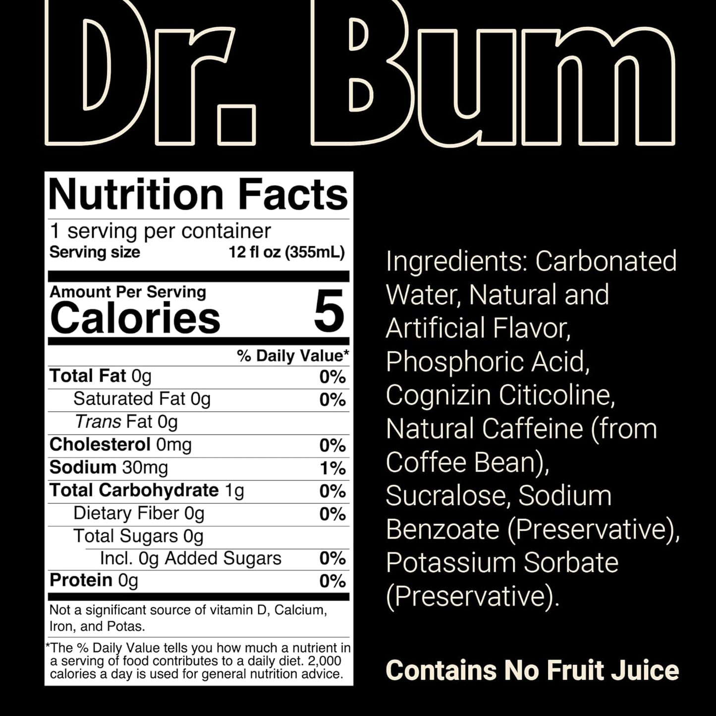 BUM Sugar-Free Energy Drink, Dr BUM - Lightly Carbonated & No Artificial Colors, Natural Caffeine & Citicoline for Energy & Focus, Brain Boost & Workout Sports Beverage - 12 oz, 12-Pack