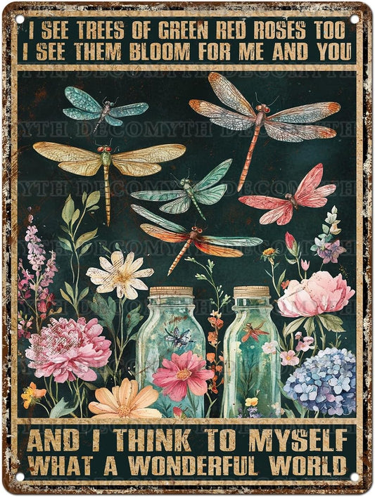 Dragonfly Decor And I Think To Myself What A Wonderful World Vintage Metal Tin Sign Decorative Plaque Poster 12 * 16inch