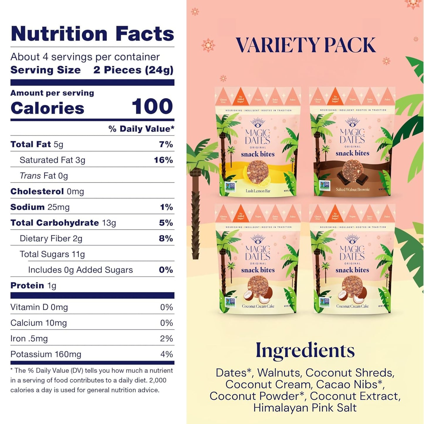 MAGICDATES Date Snack Bites | Variety Pack – 4 Bags (16 Servings) | Medjool Dates | Gluten-Free | Vegan | Paleo | No Added Sugar | Plant-Based Snack Bites | Healthy On-the-Go Snack | Grown in California