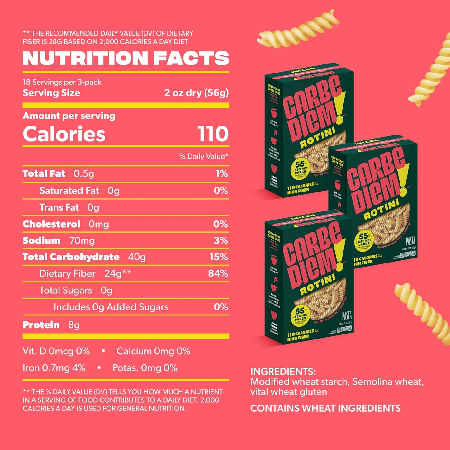 Carbe Diem!, Rotini, Lower Net Carb Pasta with Traditional Flavor & Texture, 55% Fewer Net Carbs & Only 110 Calories Per Serving, Pack of 3