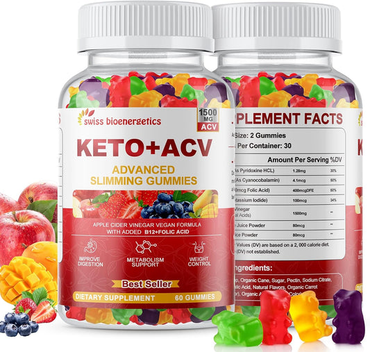 Keto Apple Cider Vinegar Gummies, Keto ACV Gummy Diet Supplement, Advanced 1500mg ACV Gummies with Folate, B12、B6 and Keto Support for Women Men, Gelatin- Free, Vegan & Non-GMO (Multi-Flavor)
