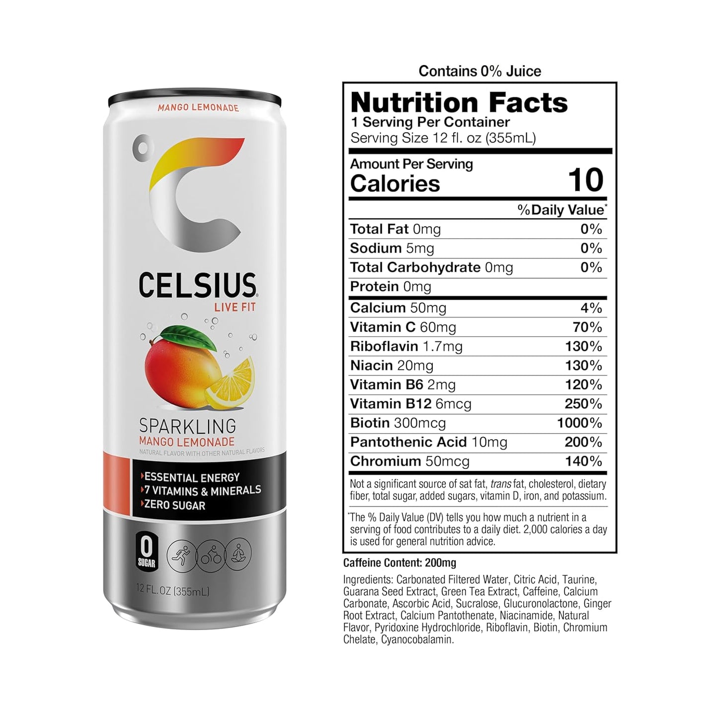 CELSIUS Sparkling Mango Lemonade, Sugar Free Energy Drink, 12 Fl Oz (Pack of 12)