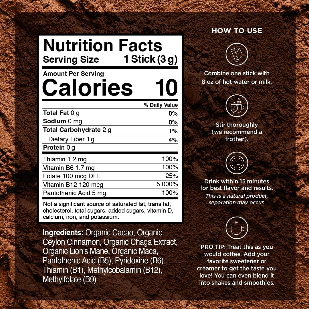 VitaCup Shroom Fuel, Mushroom Based Instant Coffee Alternative Packets, Mushroom Coffee Substitute w/Cacao, Cinnamon, Chaga, Lions Mane, & Maca for Energy, Immune Support, & Focus, 48 ct