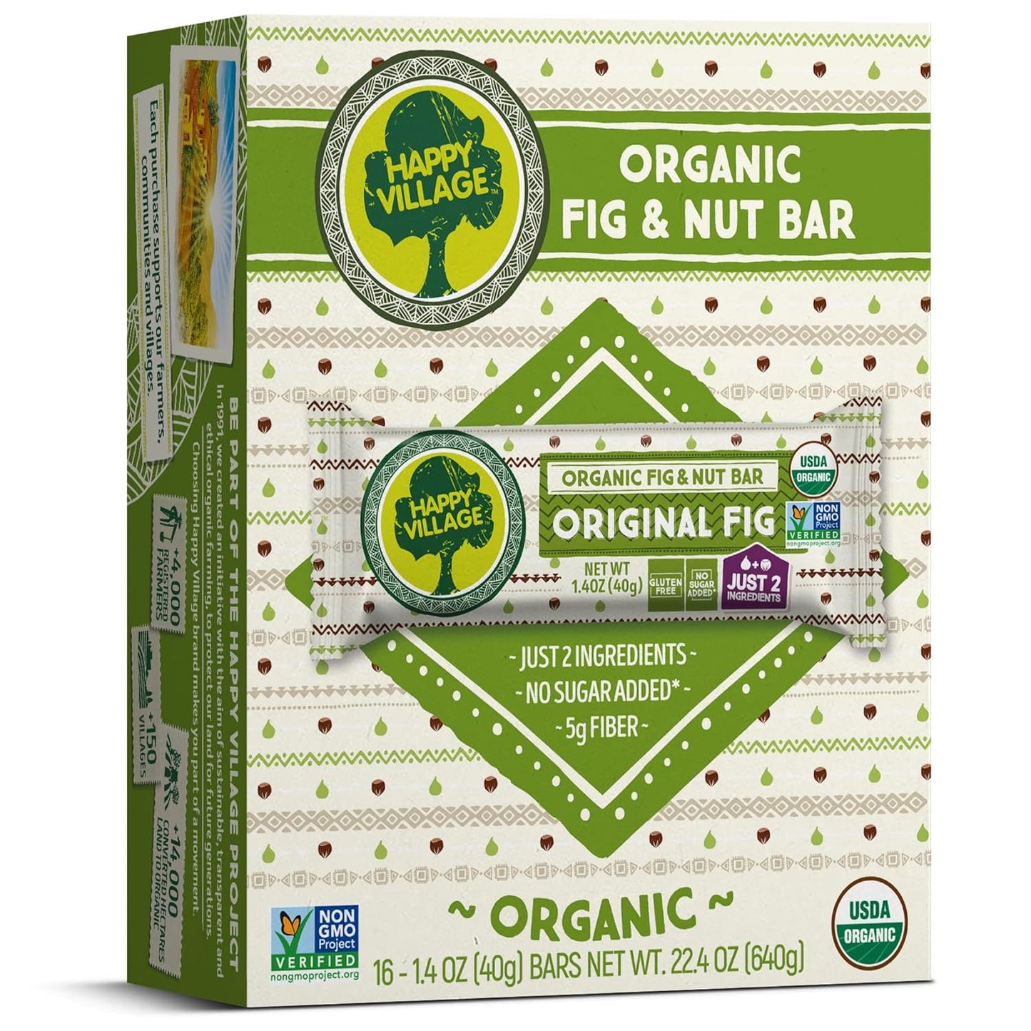 Happy Village Organic Fig & Nut Bar, ORIGINAL FIG | Only 2 Ingredients, Gluten Free, No Added Sugar, Kosher, Non-GMO, Vegan, Good Source of Fiber | Organic Healthy Snack Bars (16 bars, 1.4 OZ each)