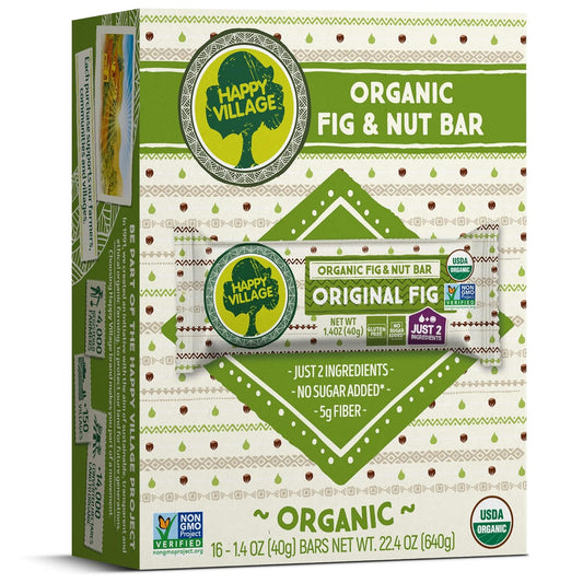 Happy Village Organic Fig & Nut Bar, ORIGINAL FIG | Only 2 Ingredients, Gluten Free, No Added Sugar, Kosher, Non-GMO, Vegan, Good Source of Fiber | Organic Healthy Snack Bars (16 bars, 1.4 OZ each)