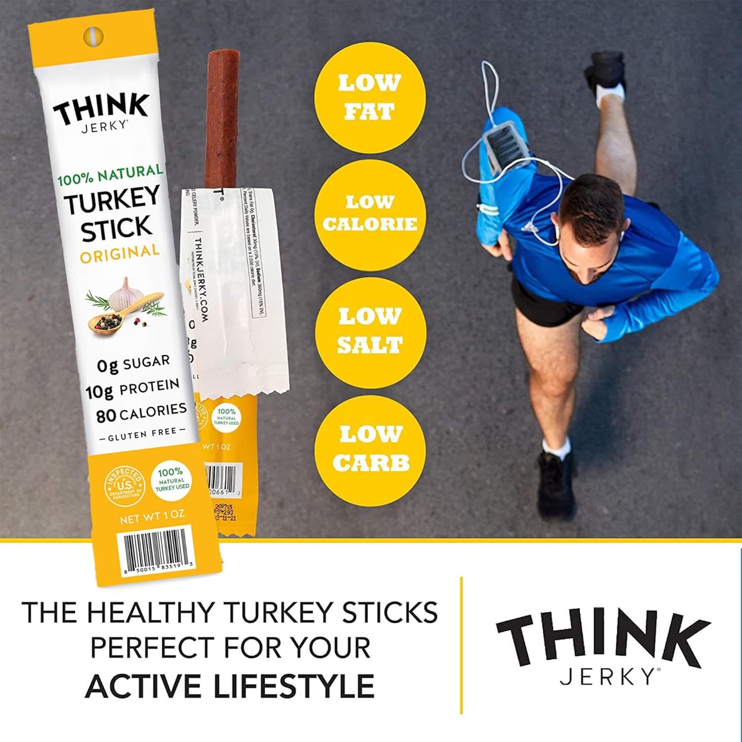 Think Jerky All-Natural Turkey Sticks, Gluten and Sugar Free, No Nitrates, Keto Paleo Friendly High Protein Low Carb Meat Snack - 1.0 oz Sticks, 20 Pack