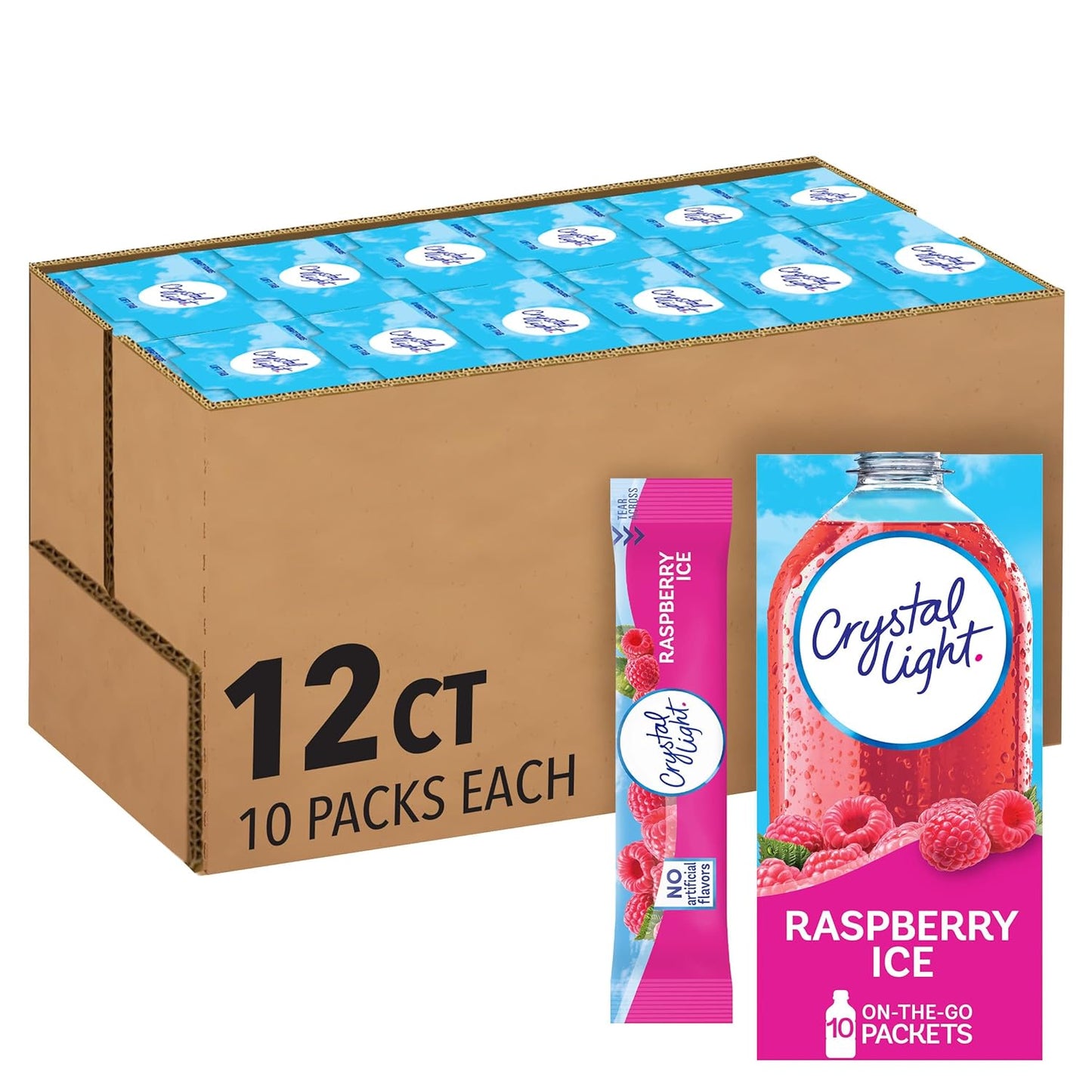 Crystal Light Raspberry Ice Artificially Flavored Powdered Drink Mix, 120 ct Pack, 12 Boxes of 10 On-the-Go-Packets