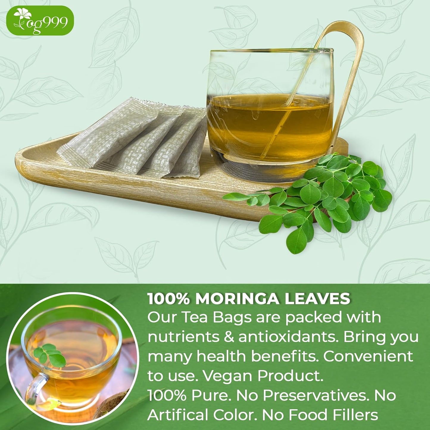 TOG999, Premium 60 Moringa Leaf Tea Bags, 100% Natural & Pure from Moringa Leaves. Loose Leaf Moringa Herbal Tea. Moringa Leaf Tea. No Sugar, No Caffeine, No Gluten, Vegan.