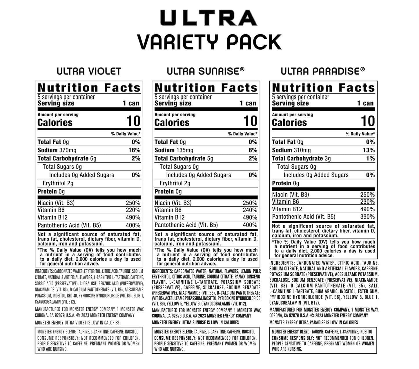 Monster Energy Ultra Variety Pack, Ultra Violet, Ultra Sunrise, Ultra Paradise, Sugar Free Energy Drink, 16 Ounce (Pack of 15)