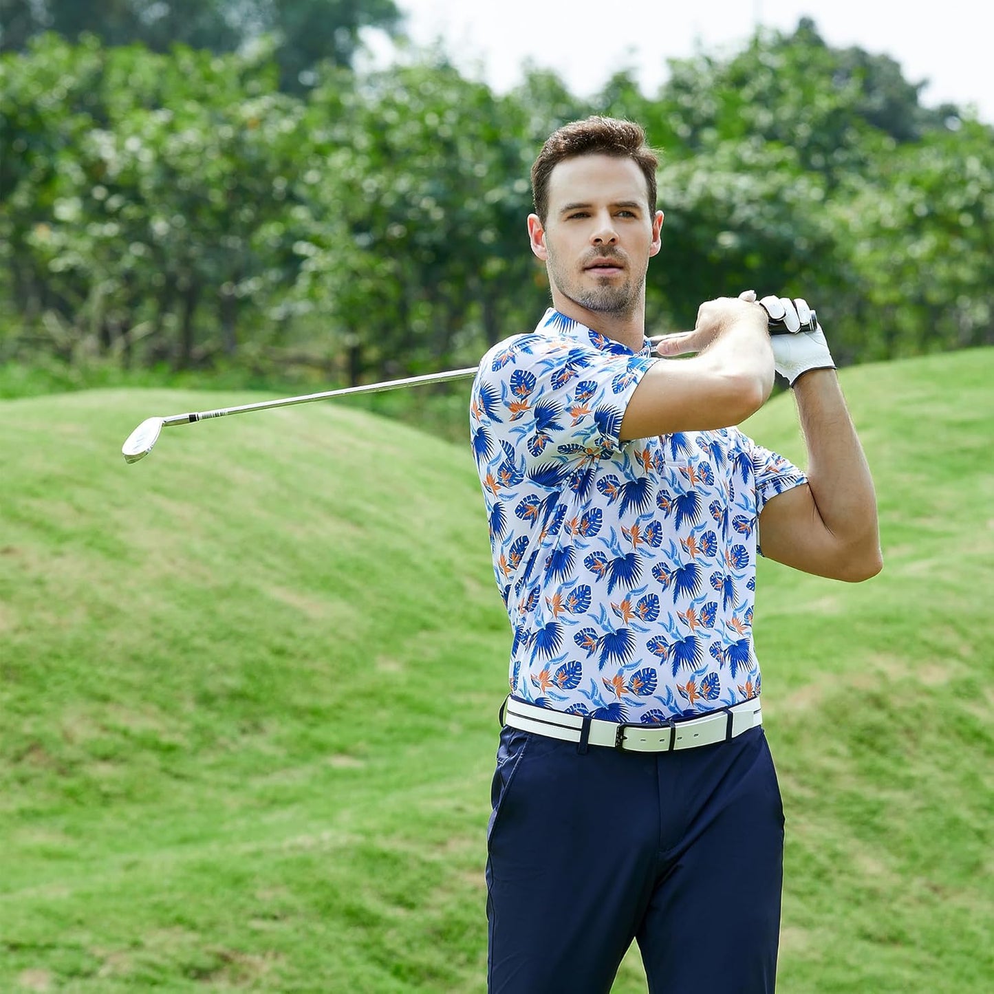 Esabel.C Golf Shirts for Men Dry Fit Performance Short Sleeve Print Moisture Wicking Collared Shirt