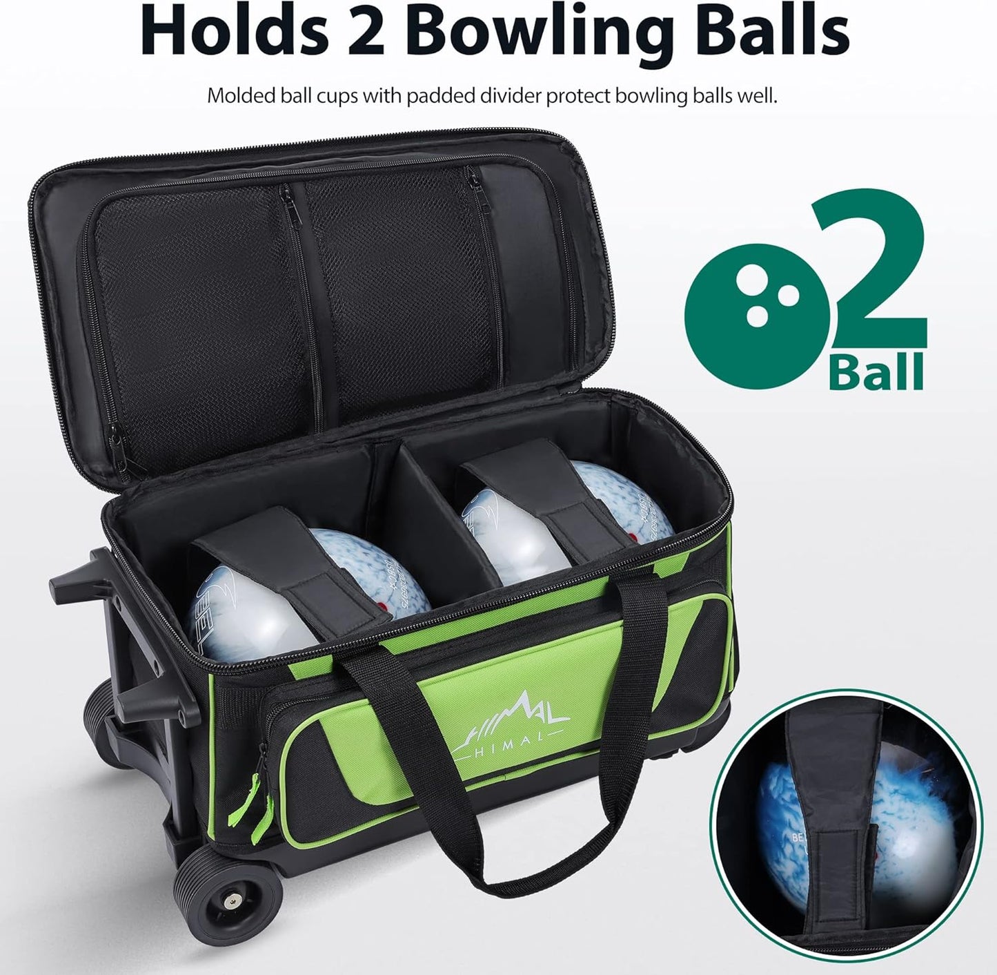 Double Roller 2 Ball Bowling Bag with Separate Shoe Compartment for Bowling Shoes (Up To US Mens Size 15) and Oversized Accessory Pocket, Retractable Handle - Extends to 40"