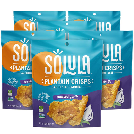 Solula Plantain Crisps Authentic Tostones, Roasted Garlic, 4 Ounce (Pack of 6), Kettle Cooked Chips, Gluten Free, Paleo Friendly, Grain Free, Vegan