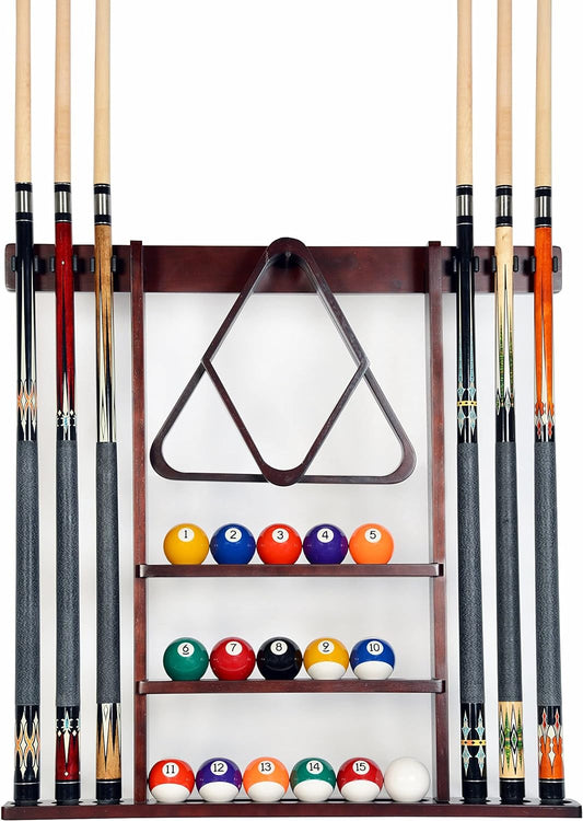 Iszy Billiards Pool Cue Rack - Billiard Pool Stick and Ball Holder Only - 100% Wood Wall Mount Holds 6 Cues and 16 Balls - Pool Table Accessories, Mahogany