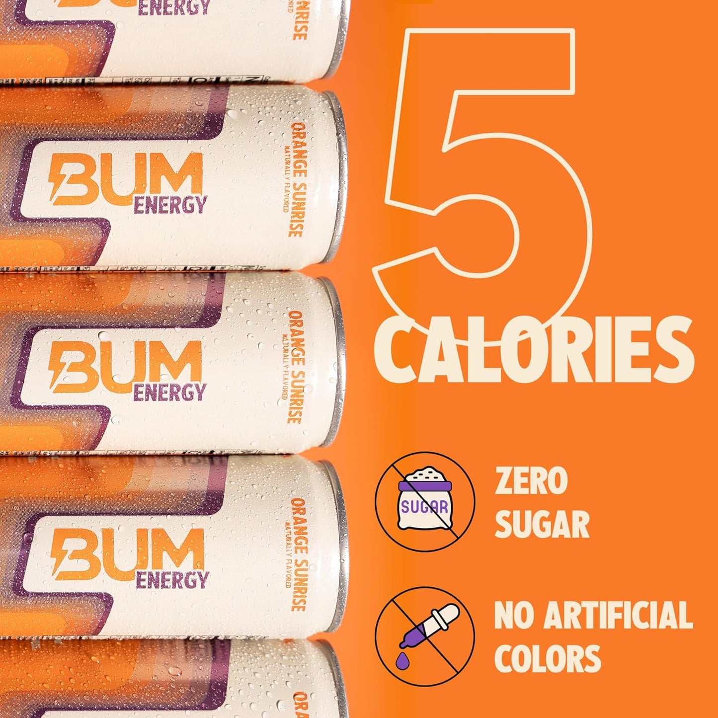 BUM Sugar-Free Energy Drink, Orange Sunrise - Lightly Carbonated & No Artificial Colors, Natural Caffeine & Citicoline for Energy & Focus, Brain Boost & Workout Sports Beverage - 12 oz, Pack of 12