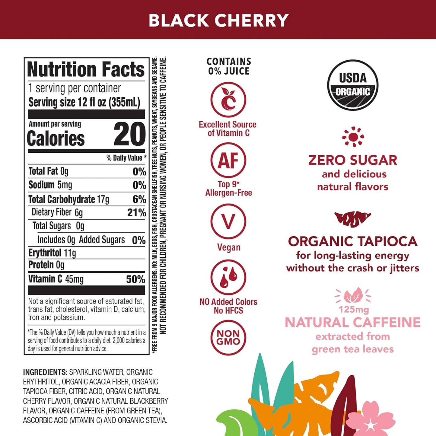 OCA ZERO Black Cherry, Organic energy drink, zero sugar, gluten-free, vegan plant-based, 12 Fl Oz (12-pack)