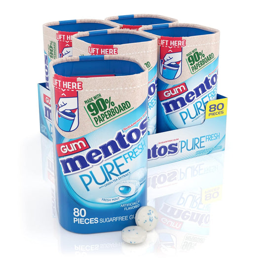Mentos Pure Fresh Chewing Gum, Sugar-Free, Xylitol, Fresh Mint, 80 Piece Bottle, recyclable 90% Paperboard Bottle, 80 Count (Pack of 4)