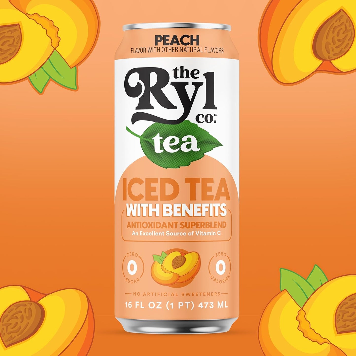 Ryl Iced Tea, Peach, Antioxidant Superblend, Zero Sugar, Low Carb, Zero Calorie Iced Tea, 16.0 Fl Oz (12-Pack)