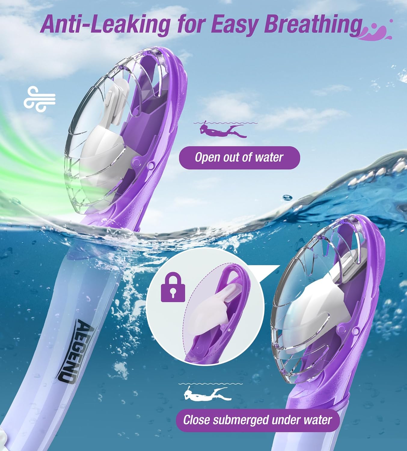 Aegend Dry Snorkel, Dive Mask Easy-Breath Free Diving Snorkel for Snorkeling Scuba Diving Freediving Swimming, with Top Dry Valve and Food-Grade Silicone Mouthpiece