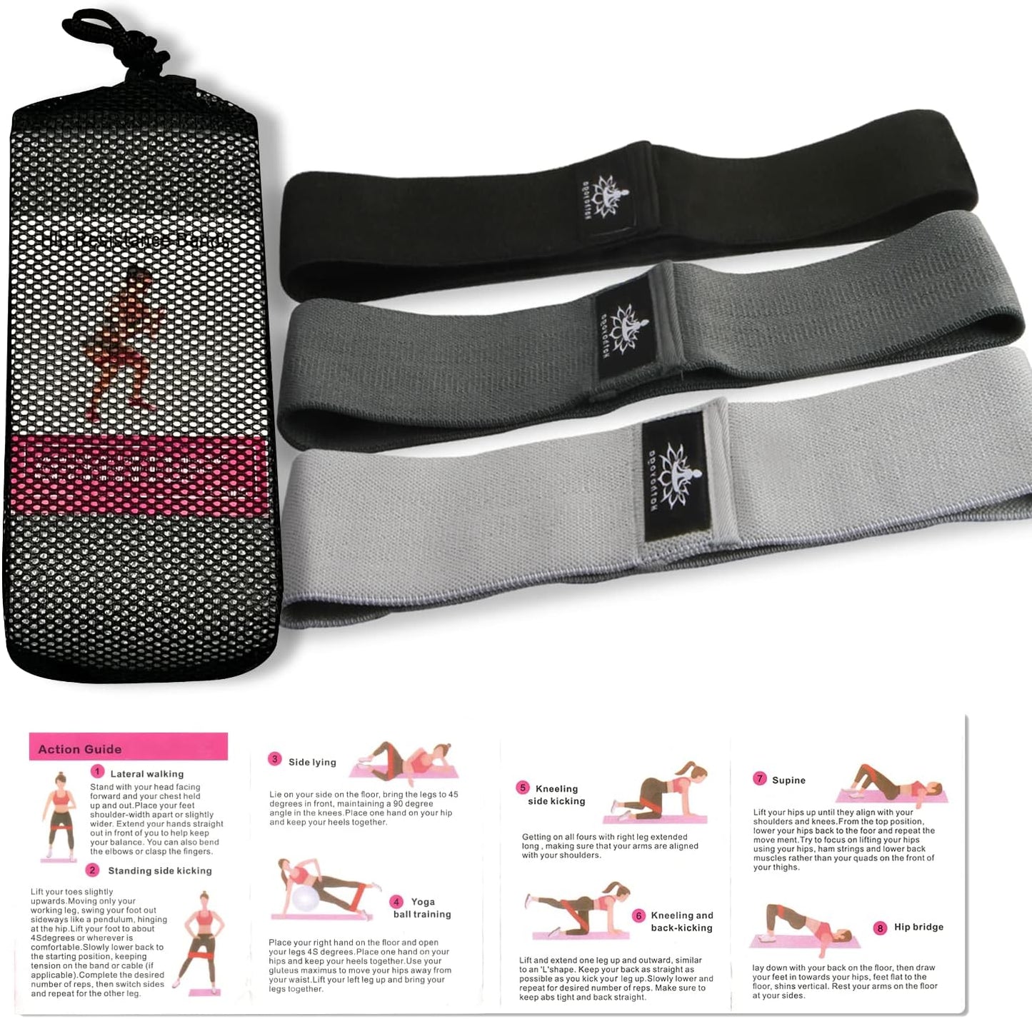 Hatha Yoga Large Resistance Band,14.5" x3.15",Fabric Exercise Loop Bands with Instruction Guide and Carry Bag, Set of 3.